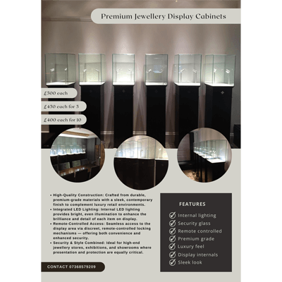 Available for sale either individually or in total - 10 Premium Quality Display Jewellery Cabinets